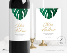 Load image into Gallery viewer, Tropical Wedding Wine Label Template, Monstera Palm Leaf Watercolor, Beach Wedding Bridal Shower, Templett Editable, Printable, Download 003