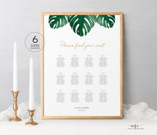 Load image into Gallery viewer, Tropical Monstera Seating Chart Template, Greenery Wedding Bridal Signs Table Plan, Tropical Decoration, 100% Editable, US UK, Printable 003