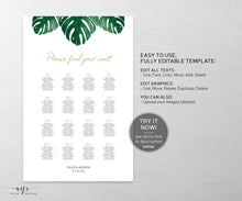 Load image into Gallery viewer, Tropical Monstera Seating Chart Template, Greenery Wedding Bridal Signs Table Plan, Tropical Decoration, 100% Editable, US UK, Printable 003