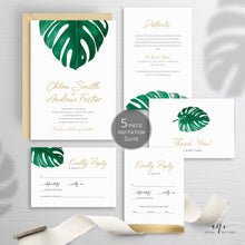 Load image into Gallery viewer, Tropical Wedding Invitation Suite Template, Monstera Palm Leaf Watercolor, Beach Wedding Invite, 100% Editable, Printable, Download 003
