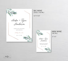 Load image into Gallery viewer, Geometric Greenery Wedding Wine Label Template, Eucalyptus Leaf Watercolor, Rose Gold Bridal Shower, Fully Editable, Printable, Download 004