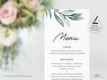 Load image into Gallery viewer, Eucalyptus Wedding Menu Program Template, Greenery Printable Dinner Menu Bridal Shower, Unique Original Artwork, 100% Editable, Download 004