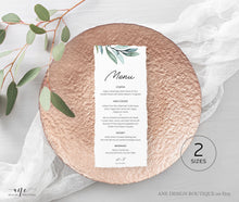 Load image into Gallery viewer, Eucalyptus Wedding Menu Program Template, Greenery Printable Dinner Menu Bridal Shower, Unique Original Artwork, 100% Editable, Download 004