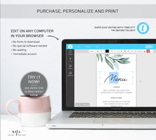 Load image into Gallery viewer, Eucalyptus Wedding Menu Program Template, Greenery Printable Dinner Menu Bridal Shower, Unique Original Artwork, 100% Editable, Download 004