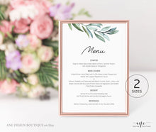 Load image into Gallery viewer, Eucalyptus Wedding Menu Program Template, Greenery Printable Dinner Menu Bridal Shower, Unique Original Artwork, 100% Editable, Download 004