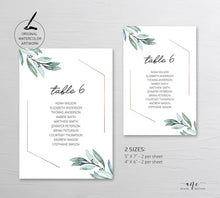 Load image into Gallery viewer, Geometric Eucalyptus Seating Chart Template, Table Number Cards, Greenery Wedding Signs, Watercolor Artwork, 100% Editable, Printable, 004