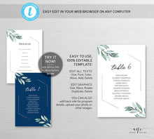 Load image into Gallery viewer, Geometric Eucalyptus Seating Chart Template, Table Number Cards, Greenery Wedding Signs, Watercolor Artwork, 100% Editable, Printable, 004