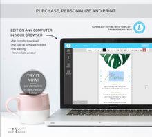 Load image into Gallery viewer, Monstera Wedding Menu Program Template, Tropical Printable Dinner Menu Bridal Shower, Monstera Leaf Watercolor, 100% Editable, Download 003