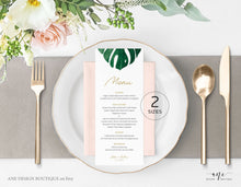 Load image into Gallery viewer, Monstera Wedding Menu Program Template, Tropical Printable Dinner Menu Bridal Shower, Monstera Leaf Watercolor, 100% Editable, Download 003