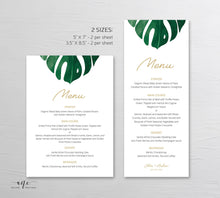 Load image into Gallery viewer, Monstera Wedding Menu Program Template, Tropical Printable Dinner Menu Bridal Shower, Monstera Leaf Watercolor, 100% Editable, Download 003