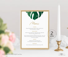 Load image into Gallery viewer, Monstera Wedding Menu Program Template, Tropical Printable Dinner Menu Bridal Shower, Monstera Leaf Watercolor, 100% Editable, Download 003