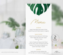 Load image into Gallery viewer, Monstera Wedding Menu Program Template, Tropical Printable Dinner Menu Bridal Shower, Monstera Leaf Watercolor, 100% Editable, Download 003