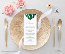 Load image into Gallery viewer, Monstera Wedding Menu Program Template, Tropical Printable Dinner Menu Bridal Shower, Monstera Leaf Watercolor, 100% Editable, Download 003