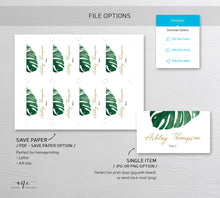 Load image into Gallery viewer, Monstera Place Card Template, Printable Wedding Bridal Escort Card, Editable Name Cards, Beach Tropical Watercolor, Printable, Download 003
