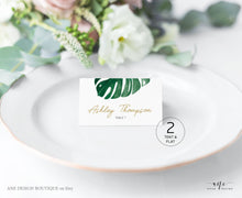 Load image into Gallery viewer, Monstera Place Card Template, Printable Wedding Bridal Escort Card, Editable Name Cards, Beach Tropical Watercolor, Printable, Download 003
