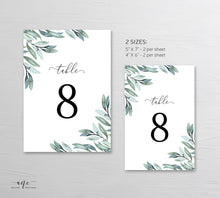 Load image into Gallery viewer, Eucalyptus Table Number Card Template, Greenery Wedding Bridal Table Card 4x6 5x7, Watercolor Artwork, 100% Editable, Printable Download 004
