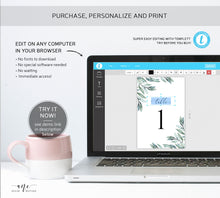 Load image into Gallery viewer, Eucalyptus Table Number Card Template, Greenery Wedding Bridal Table Card 4x6 5x7, Watercolor Artwork, 100% Editable, Printable Download 004