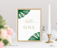 Load image into Gallery viewer, Monstera Table Number Card Template, Tropical Greenery Palm Leaf, Wedding Bridal Table Card 4x6 5x7, Fully Editable, Printable Download 003