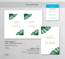 Load image into Gallery viewer, Monstera Table Number Card Template, Tropical Greenery Palm Leaf, Wedding Bridal Table Card 4x6 5x7, Fully Editable, Printable Download 003