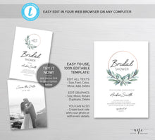 Load image into Gallery viewer, Leafy Hoop Bridal Shower Invitation Template, Greenery Wedding Shower, Original Watercolor Artwork, Templett 100% Editable, Printable, 004