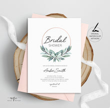 Load image into Gallery viewer, Leafy Hoop Bridal Shower Invitation Template, Greenery Wedding Shower, Original Watercolor Artwork, Templett 100% Editable, Printable, 004