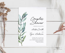 Load image into Gallery viewer, Greenery Couples Shower Invitation Template, Simple Wedding Shower, Eucalyptus Spring Watercolor Art, Templett 100% Editable, Printable #004