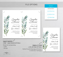 Load image into Gallery viewer, Greenery Couples Shower Invitation Template, Simple Wedding Shower, Eucalyptus Spring Watercolor Art, Templett 100% Editable, Printable #004