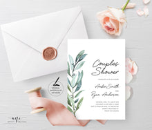 Load image into Gallery viewer, Greenery Couples Shower Invitation Template, Simple Wedding Shower, Eucalyptus Spring Watercolor Art, Templett 100% Editable, Printable #004