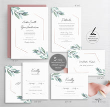 Load image into Gallery viewer, Geometric Eucalyptus Wedding Invitation Set Template, Unique Watercolor Artwork, Rose Gold Wedding Invite, Editable Templett, Printable, 004