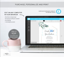 Load image into Gallery viewer, Geometric Eucalyptus Wedding Invitation Set Template, Unique Watercolor Artwork, Rose Gold Wedding Invite, Editable Templett, Printable, 004