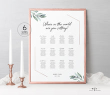Load image into Gallery viewer, Geometric Eucalyptus Seating Chart Template, Where in the world, Greenery Wedding Signs, Watercolor Artwork, 100% Editable, Printable, 004