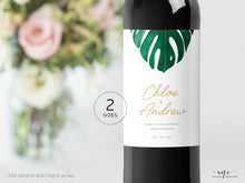 Load image into Gallery viewer, Tropical Wedding Wine Label Template, Monstera Palm Leaf Watercolor, Beach Wedding Bridal Shower, Templett Editable, Printable, Download 003