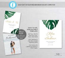 Load image into Gallery viewer, Tropical Wedding Wine Label Template, Monstera Palm Leaf Watercolor, Beach Wedding Bridal Shower, Templett Editable, Printable, Download 003