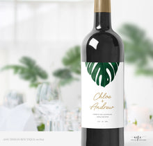 Load image into Gallery viewer, Tropical Wedding Wine Label Template, Monstera Palm Leaf Watercolor, Beach Wedding Bridal Shower, Templett Editable, Printable, Download 003