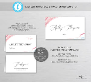 Rose Marble Place Card Template, Printable Wedding Bridal Escort Card, Editable Name Cards, Geode Name Cards, Printable DIY, Download 005
