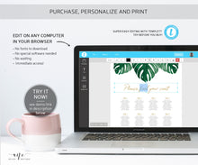 Load image into Gallery viewer, Tropical Monstera Seating Chart Template, Greenery Wedding Bridal Signs Table Plan, Tropical Decoration, 100% Editable, US UK, Printable 003