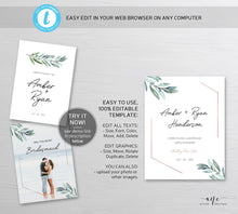 Load image into Gallery viewer, Geometric Greenery Wedding Wine Label Template, Eucalyptus Leaf Watercolor, Rose Gold Bridal Shower, Fully Editable, Printable, Download 004