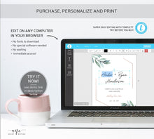 Load image into Gallery viewer, Geometric Greenery Wedding Wine Label Template, Eucalyptus Leaf Watercolor, Rose Gold Bridal Shower, Fully Editable, Printable, Download 004