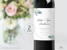 Load image into Gallery viewer, Geometric Greenery Wedding Wine Label Template, Eucalyptus Leaf Watercolor, Rose Gold Bridal Shower, Fully Editable, Printable, Download 004