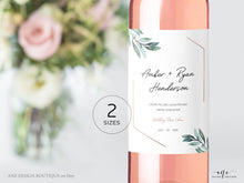 Load image into Gallery viewer, Geometric Greenery Wedding Wine Label Template, Eucalyptus Leaf Watercolor, Rose Gold Bridal Shower, Fully Editable, Printable, Download 004