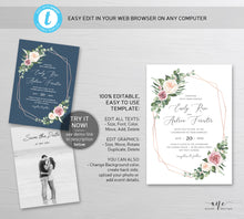 Load image into Gallery viewer, Geometric Eucalyptus Floral Wedding Invitation Set Printable Template, Greenery Mauve Roses Watercolor Artwork, Rose Gold, 100% Editable 007