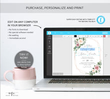 Load image into Gallery viewer, Geometric Eucalyptus Floral Wedding Invitation Set Printable Template, Greenery Mauve Roses Watercolor Artwork, Rose Gold, 100% Editable 007