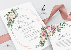 Geometric Eucalyptus Floral Wedding Invitation Set Printable Template, Greenery Mauve Roses Watercolor Artwork, Rose Gold, 100% Editable 007