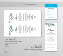 Load image into Gallery viewer, Eucalyptus Wedding Menu Program Template, Greenery Printable Dinner Menu Bridal Shower, Unique Original Artwork, 100% Editable, Download 004
