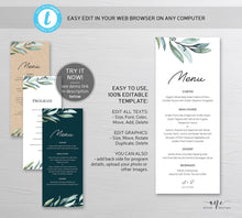 Load image into Gallery viewer, Eucalyptus Wedding Menu Program Template, Greenery Printable Dinner Menu Bridal Shower, Unique Original Artwork, 100% Editable, Download 004