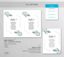 Load image into Gallery viewer, Geometric Eucalyptus Seating Chart Template, Table Number Cards, Greenery Wedding Signs, Watercolor Artwork, 100% Editable, Printable, 004