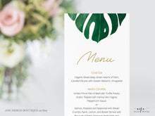 Load image into Gallery viewer, Monstera Wedding Menu Program Template, Tropical Printable Dinner Menu Bridal Shower, Monstera Leaf Watercolor, 100% Editable, Download 003
