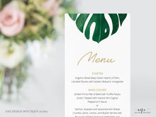 Load image into Gallery viewer, Monstera Wedding Menu Program Template, Tropical Printable Dinner Menu Bridal Shower, Monstera Leaf Watercolor, 100% Editable, Download 003