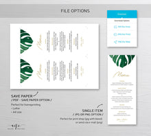 Load image into Gallery viewer, Monstera Wedding Menu Program Template, Tropical Printable Dinner Menu Bridal Shower, Monstera Leaf Watercolor, 100% Editable, Download 003