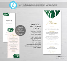 Load image into Gallery viewer, Monstera Wedding Menu Program Template, Tropical Printable Dinner Menu Bridal Shower, Monstera Leaf Watercolor, 100% Editable, Download 003